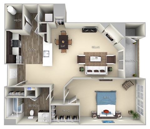 Floor plan for 1 bed, 1 bath, 803 sqft
